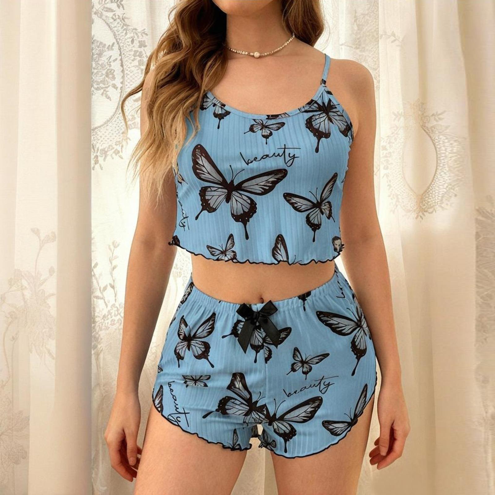 

Women Soft 2 Piece Pajamas Set Sleeveless Shorts Set Loungewear Sets Pyjamas Nightwear M синий