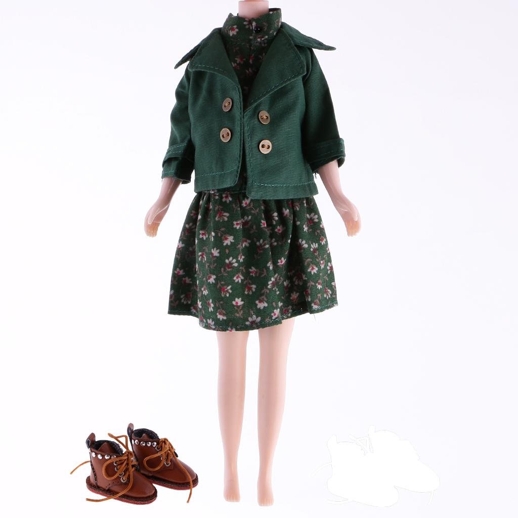 Fashion Floral Sleeveless Dress & PU Leather Boots Shoes for 12'' Doll Costume ACCS