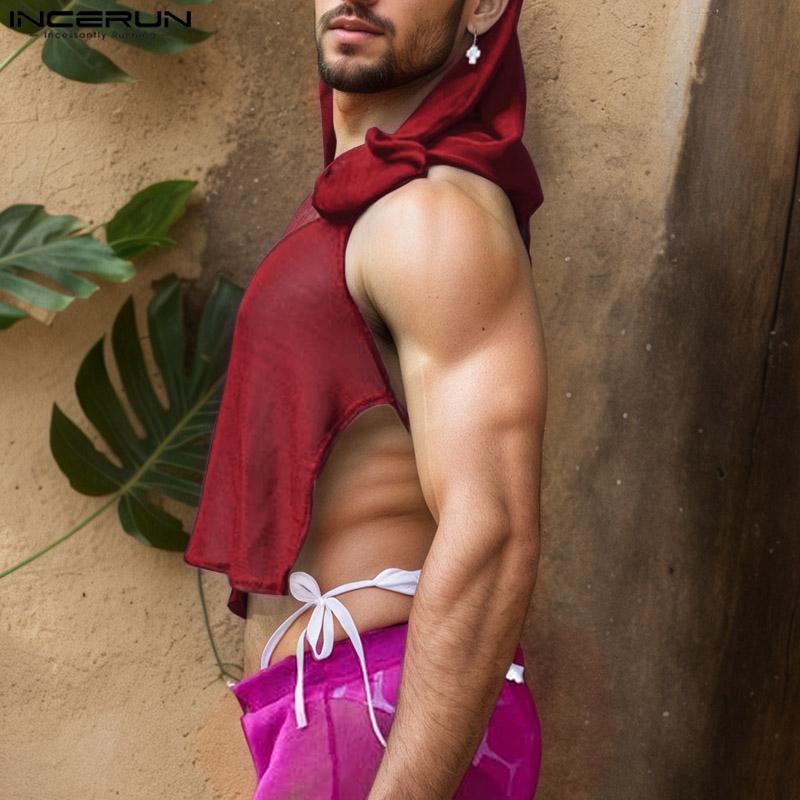 INCERUN Men Sleeveless Glitter Mesh See Through Cropped Hooded Tank Tops Partywear