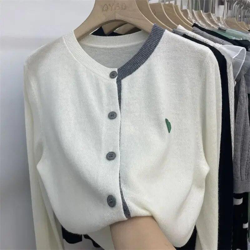 Spring and Autumn Korean Gentle Knitted Cardigan Women Patch Long Sleeve Bottom Top Westernized Loose Sweater Female Coat