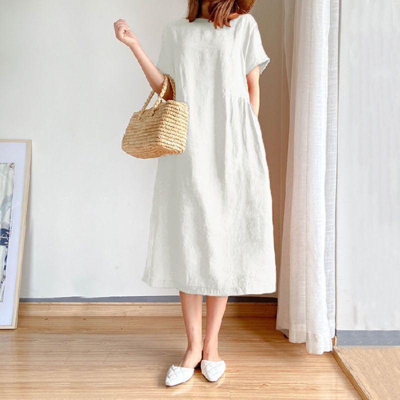Luxurious Cotton Loose And Thin Dress For Women With Short Sleeves And Round Neck