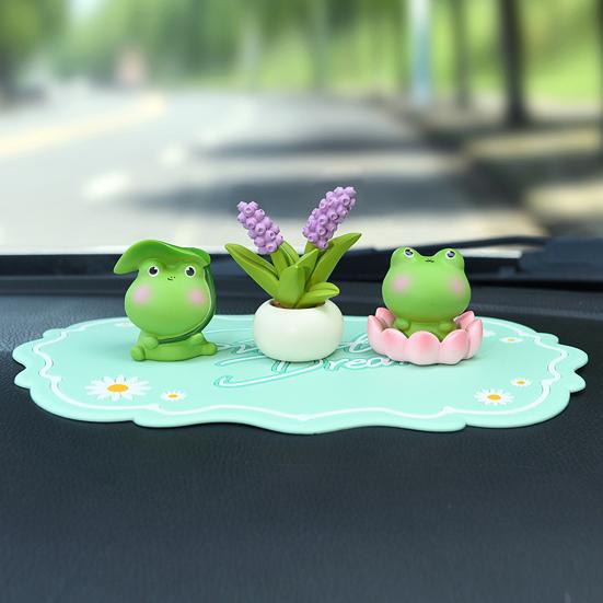 3Pcs Frog Figure with Pad Resin Frog Car Ornament Mini Green Plant Bonsai Pot Home Office Decor Car Interior Accessory
