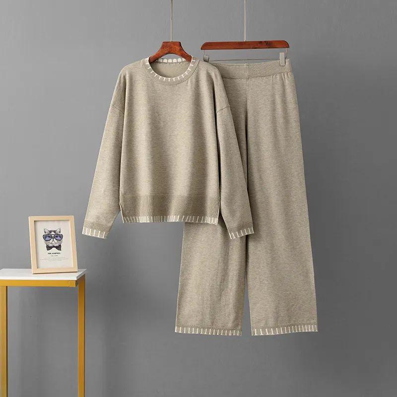 

Cross-Border Temu Foreign Trade Stripe Temperament Knit two piece Turtleneck sweater Loose Leisure Set Long sleeve Women clothes Khaki One size
