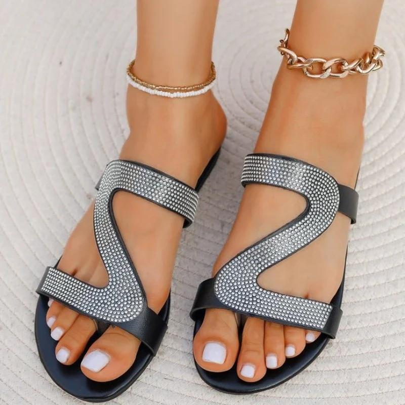 

2024 Сексуальные женские сандалии Летние пляжные неглубокие стразы Дамские модные показы Удобная легкая обувь Sandalias Femininas 43 серебряный