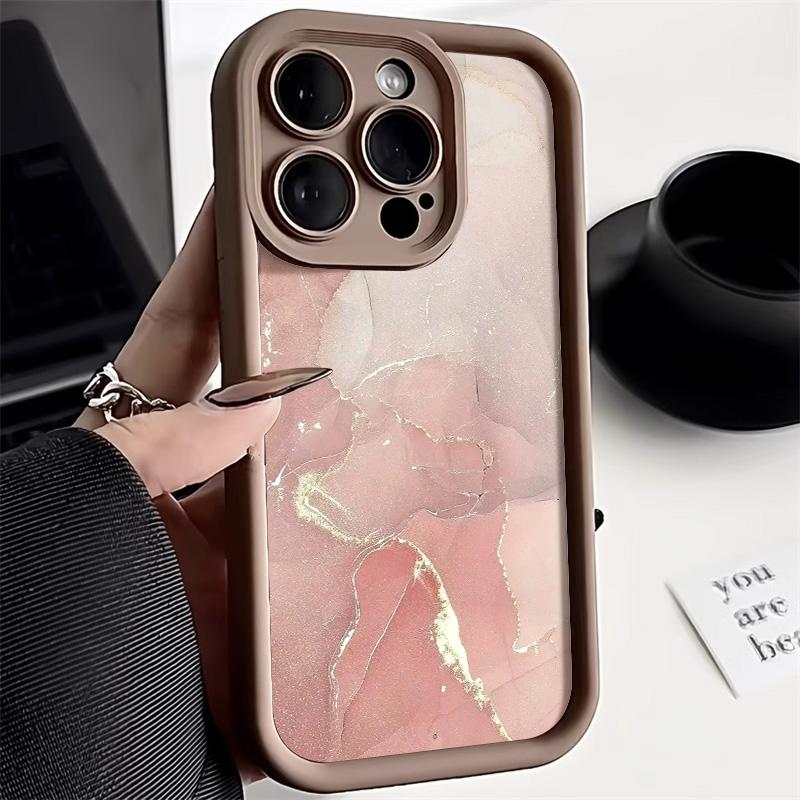 Soft Silicone Brown Marble Case, Suitable for iPhone17 16 15 14 13Pro Max 12 11, Luxury Gold Foil Shockproof Protective Cover