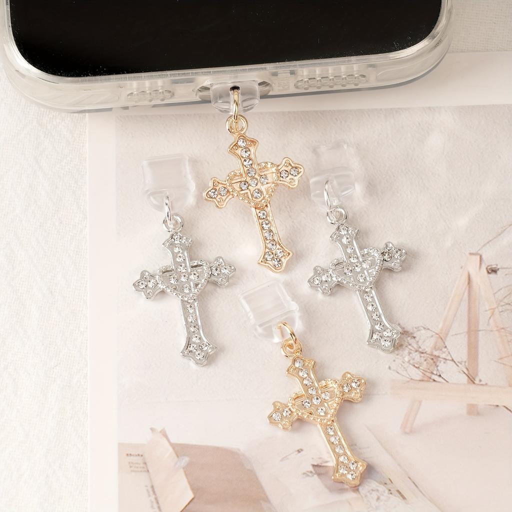 1pc Elegant Cross Charm Phone Dust Plug - Stylish Alloy Pendant with Sparkling Crystal Accents