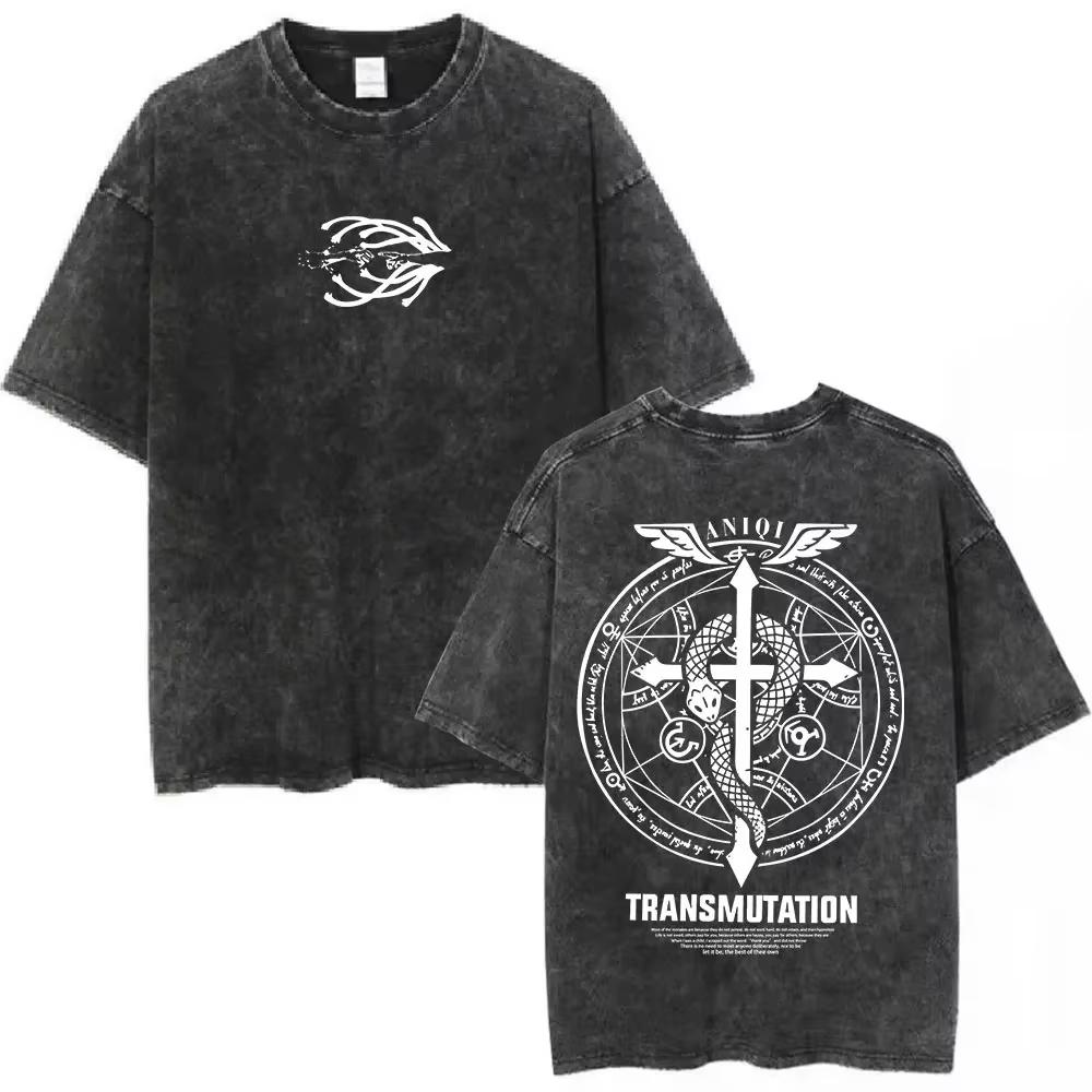 

Anime Peripherals Fullmetal Alchemist Graphic Print Tshirt Men Women Vintage Washed Cotton Top Summer New Streetwear XL