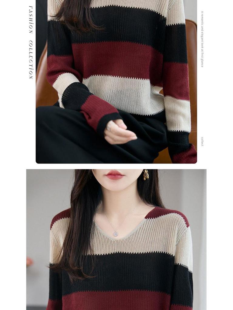 Women's Autumn V-Neck Color Block Striped Sweater - Soft, Loose, and Versatile