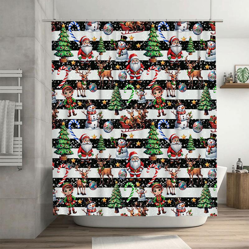 

Classic Christmas Carnival Shower Curtain With Santa Snowman Gingerbread, Red White Stripe Background For Joyful Bathroom W60H190(CM)-1 Pcs