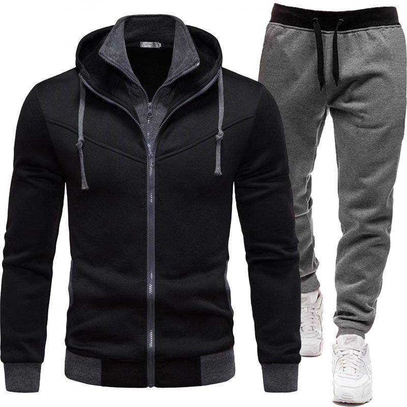 2026 Men's Sporty Patchwork Hooded Jacket and Long Pants Set for Autumn/Winter