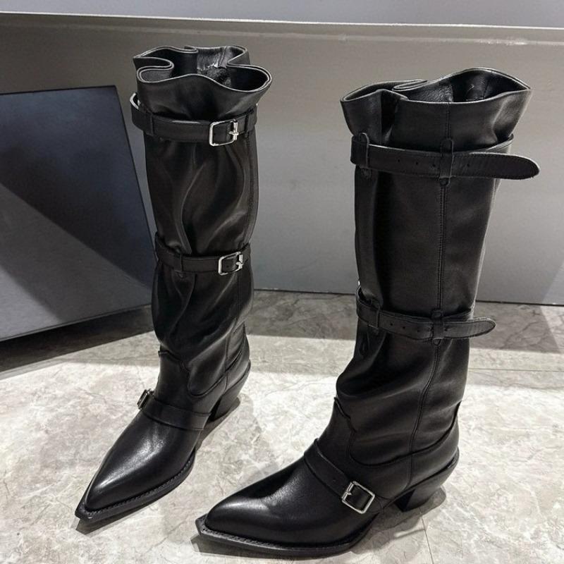 Autumn and winter new fashionable high-heeled metal belt buckle pointed western cowboy boots women's pleated thick-heeled women's boots