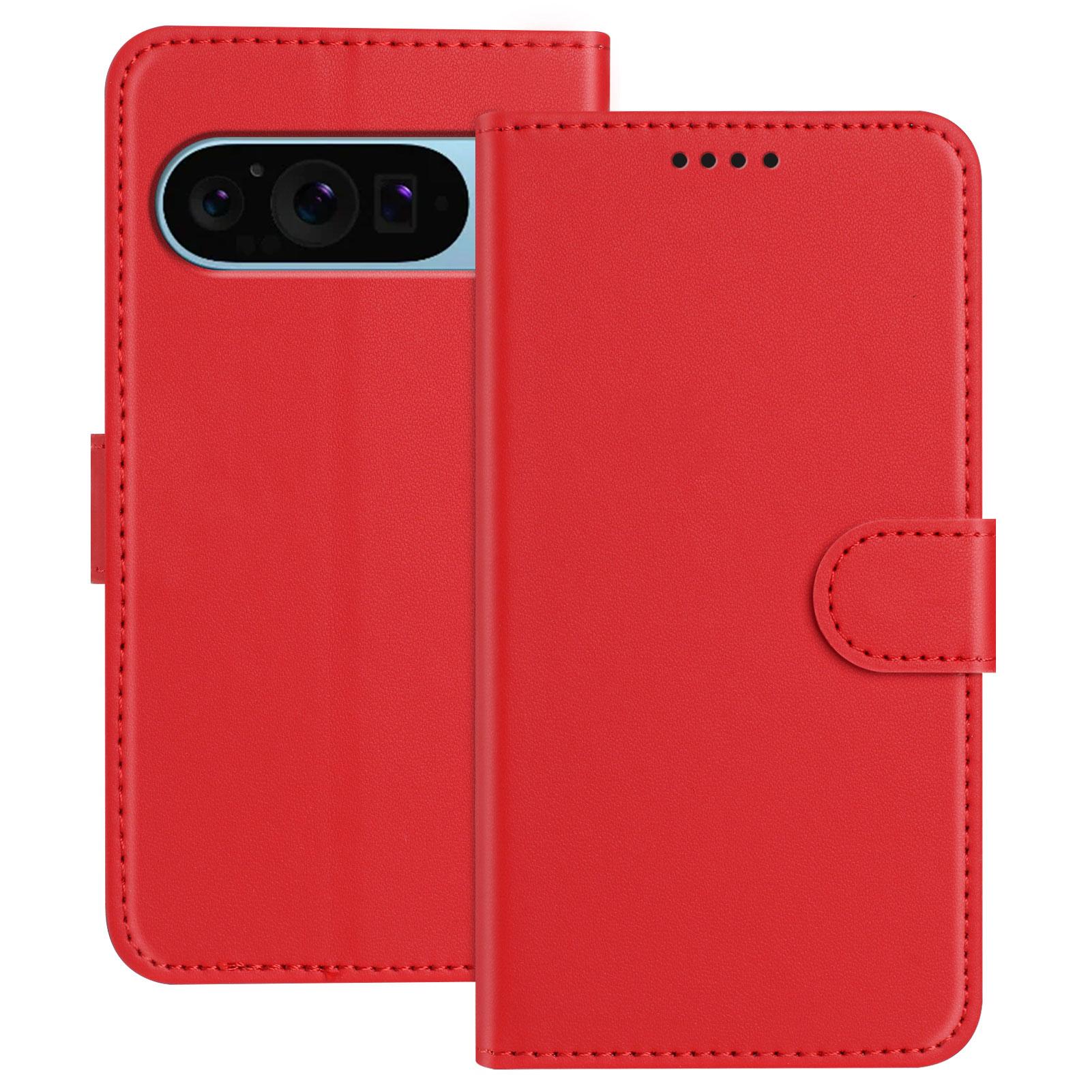 

For Google Pixel 9 Leather Case Wallet Stand Solid Color Anti Drop Phone Cover Red