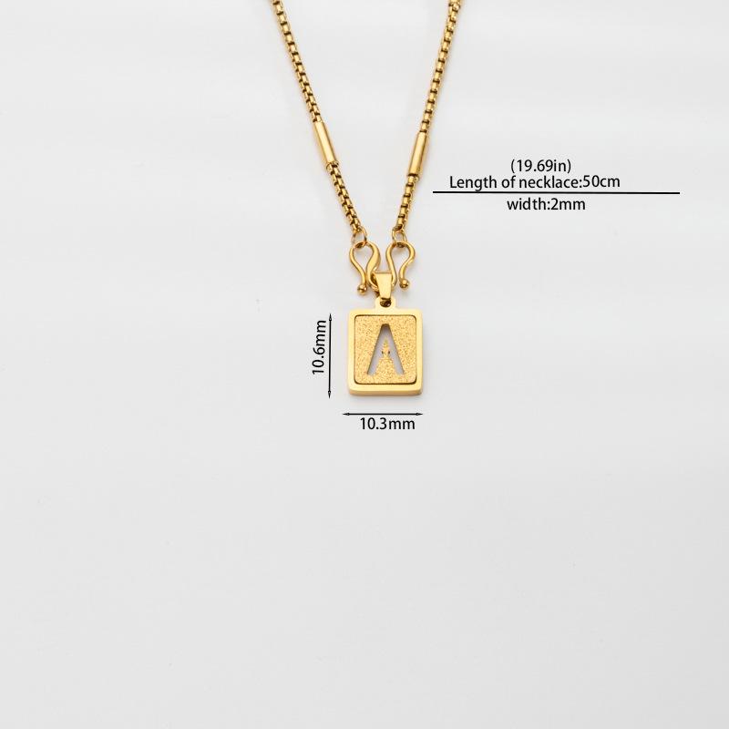 Stainless Steel Square Pearl Letter Necklace with Sandblasted Pendant - 26 English Letters