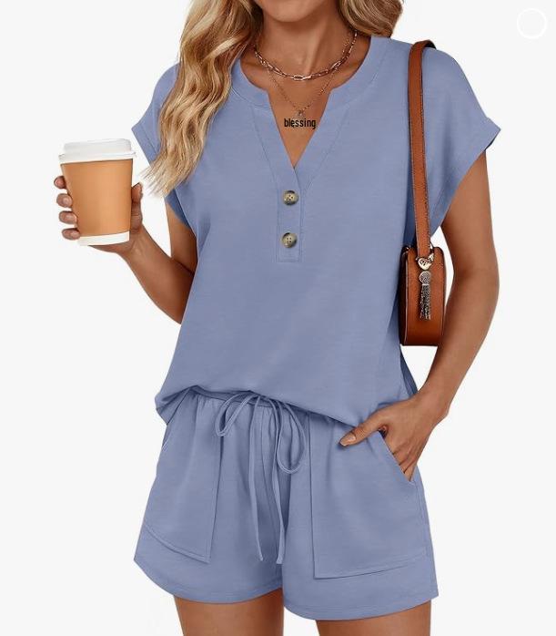 

Women s Henley Collar Two-Piece Set - Casual Summer Short Sleeve Sportswear L світло-синій колір