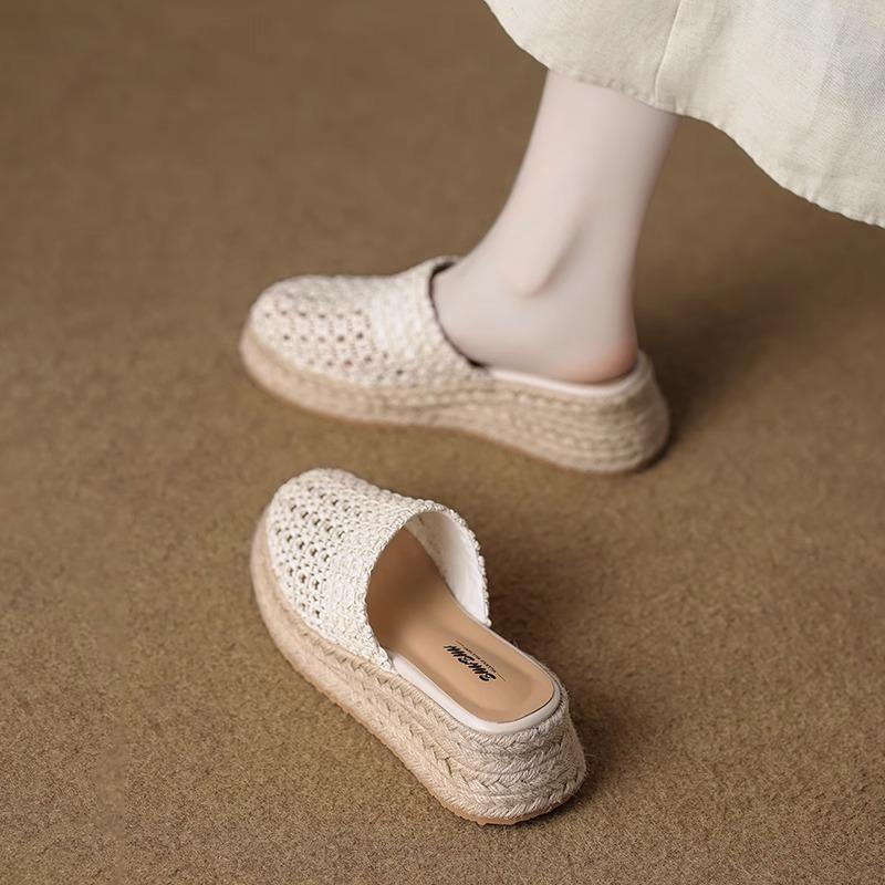 Fashion Inner Height 2025 Summer New Hollow Trifle Woven Baotou Half Slippers Women's Platform Straw Slip-ons