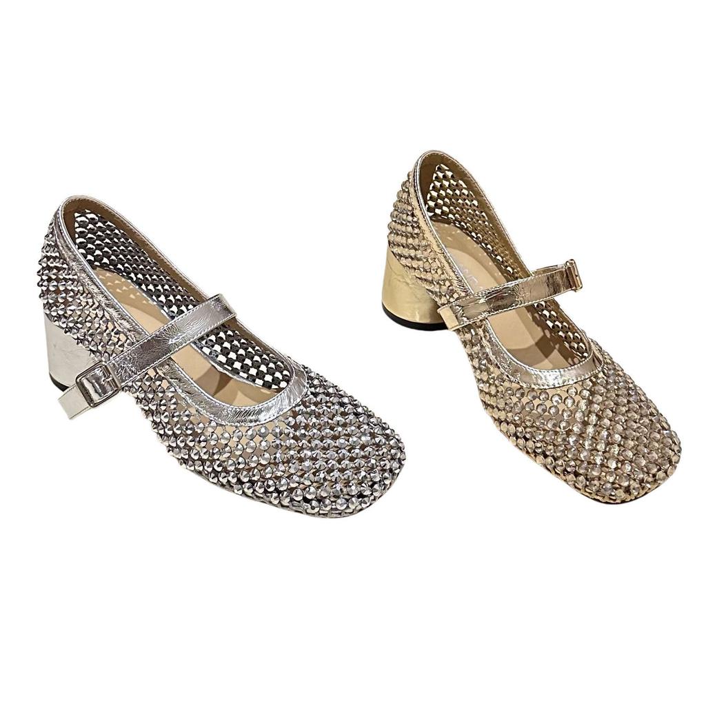 Europäische Station Damenschuhe 2025 Sommer neu Strass hohl atmungsaktives Mesh dicker Absatz Wort mit Mary Jane niedrig Absatz Sandalen