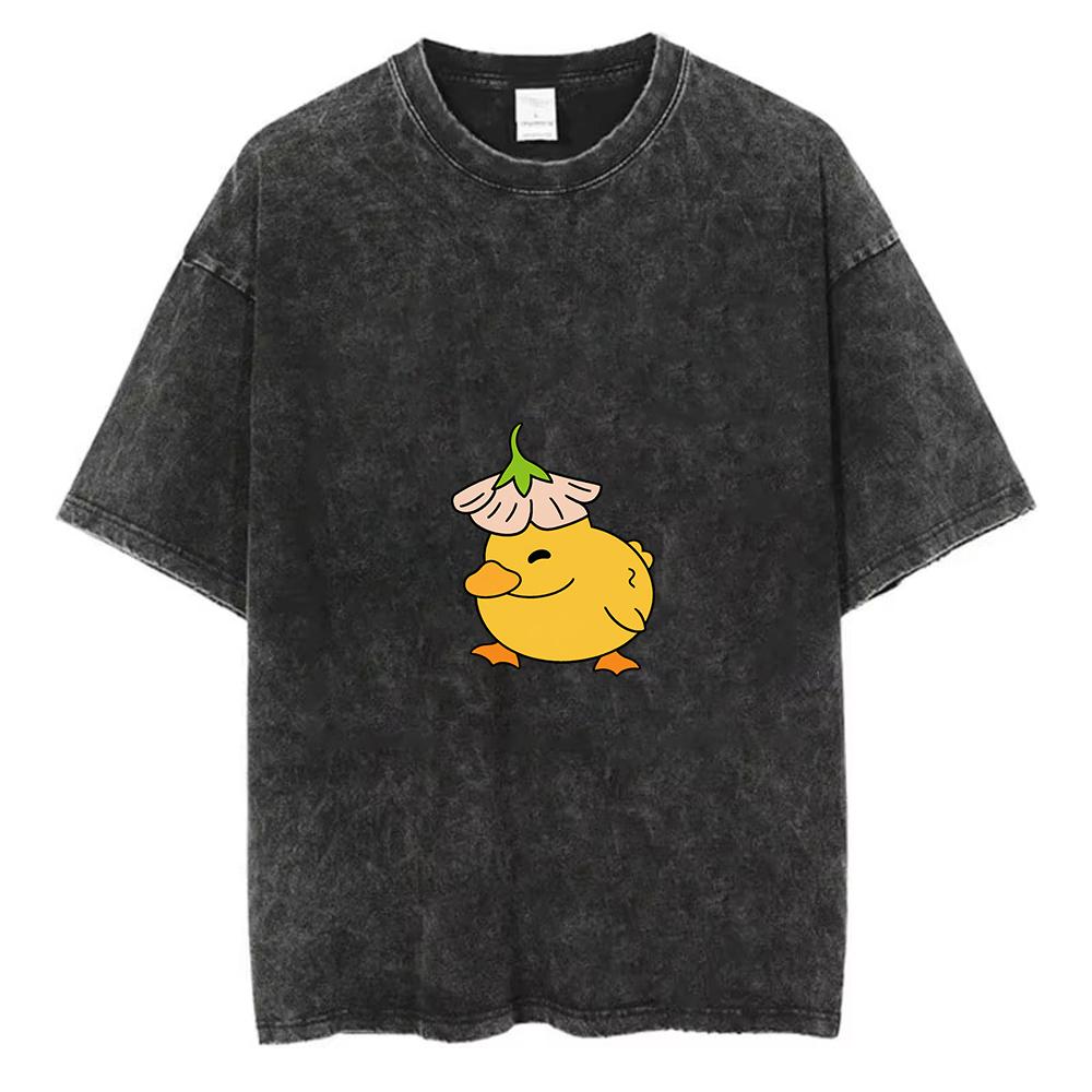 Funny Duck Graphic T Shirt Cute Yellow Duck Garlic Hat Cartoon Tee Kawaii Aesthetic Animal Shirt Unisex Casual Gift Top
