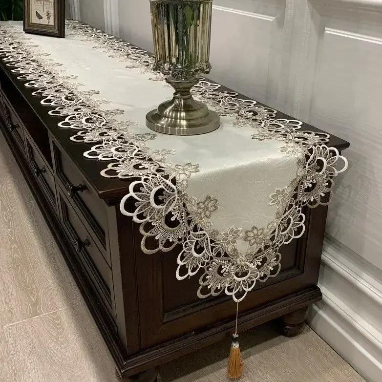 Tv Cabinet Lace Tablecloth  Embroidered Tassel Dining Table Flag Shoe Cabinet Long Striptransparent Yarn Dust Cover Cloth
