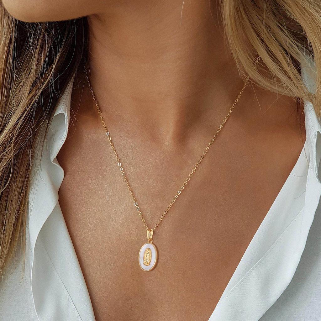 Classic Holy Virgin Mary Oval Shell Pendant Necklace for Women, Vintage Gold Plated Catholic Religious Pray Jewelry Gift