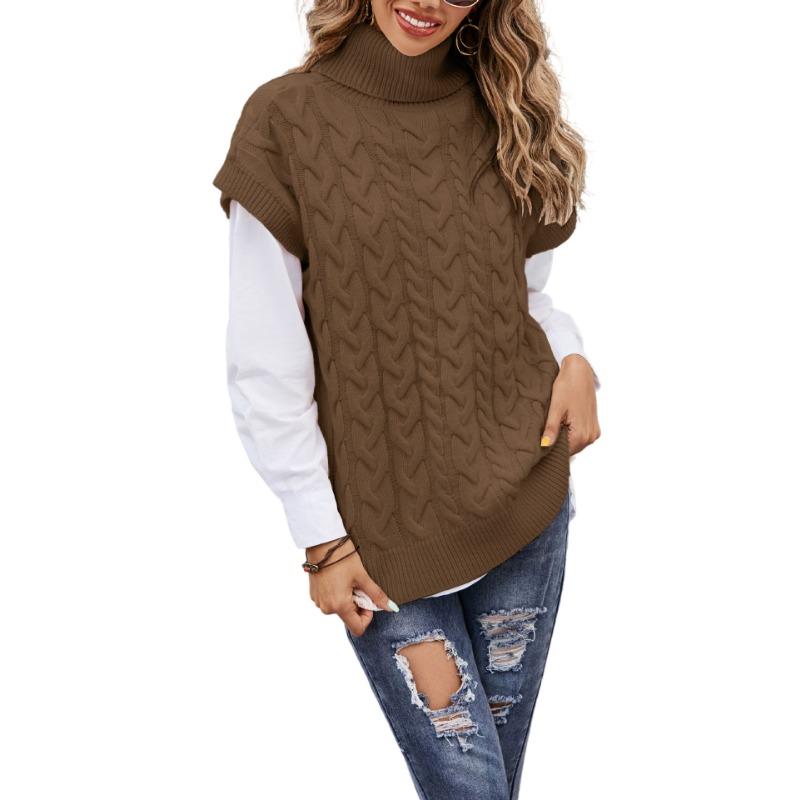 Women's Autumn and Winter Sleeveless Button Rope Knit Loose Pullover High Neck Sweater