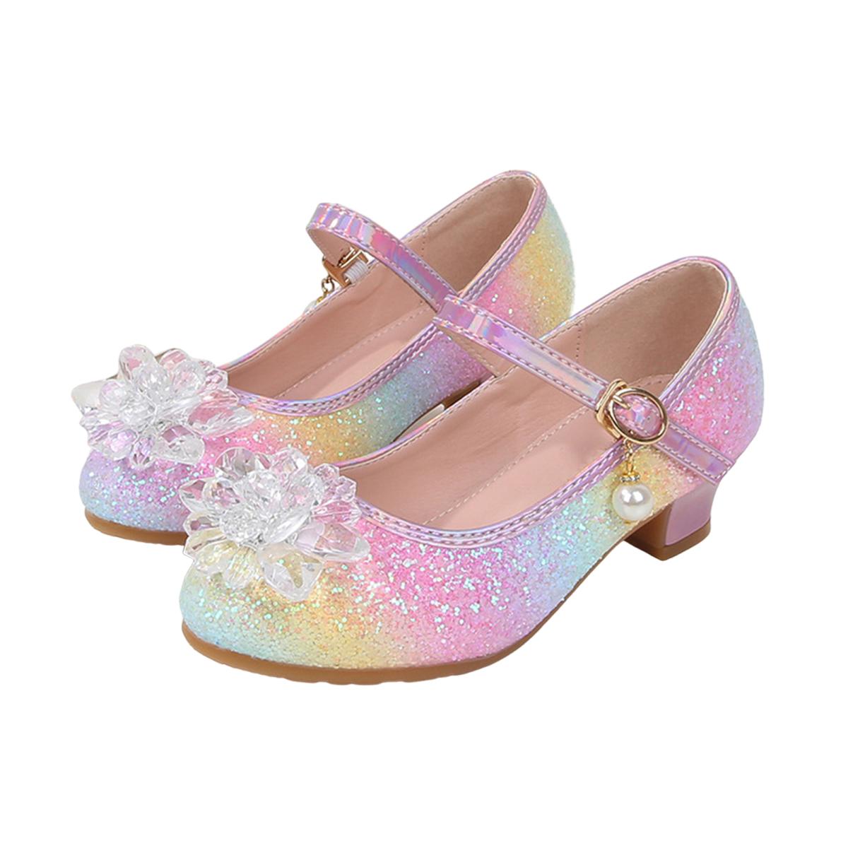 

1 пара детских сандалий на низком каблуке в стиле принцессы, с искусственными кристаллами, блестящими пайетками, регулируемые, обувь для сценических выступлений, обувь маленькой модели 26 розовый