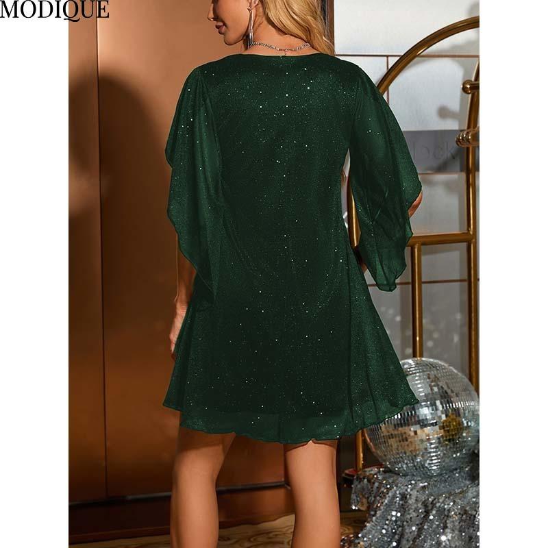 MODIQUE 2025 Summer New Ladies Sexy Elegant Deep V-Neck X-Line Sequin Mesh Cape Sleeve Short Dress