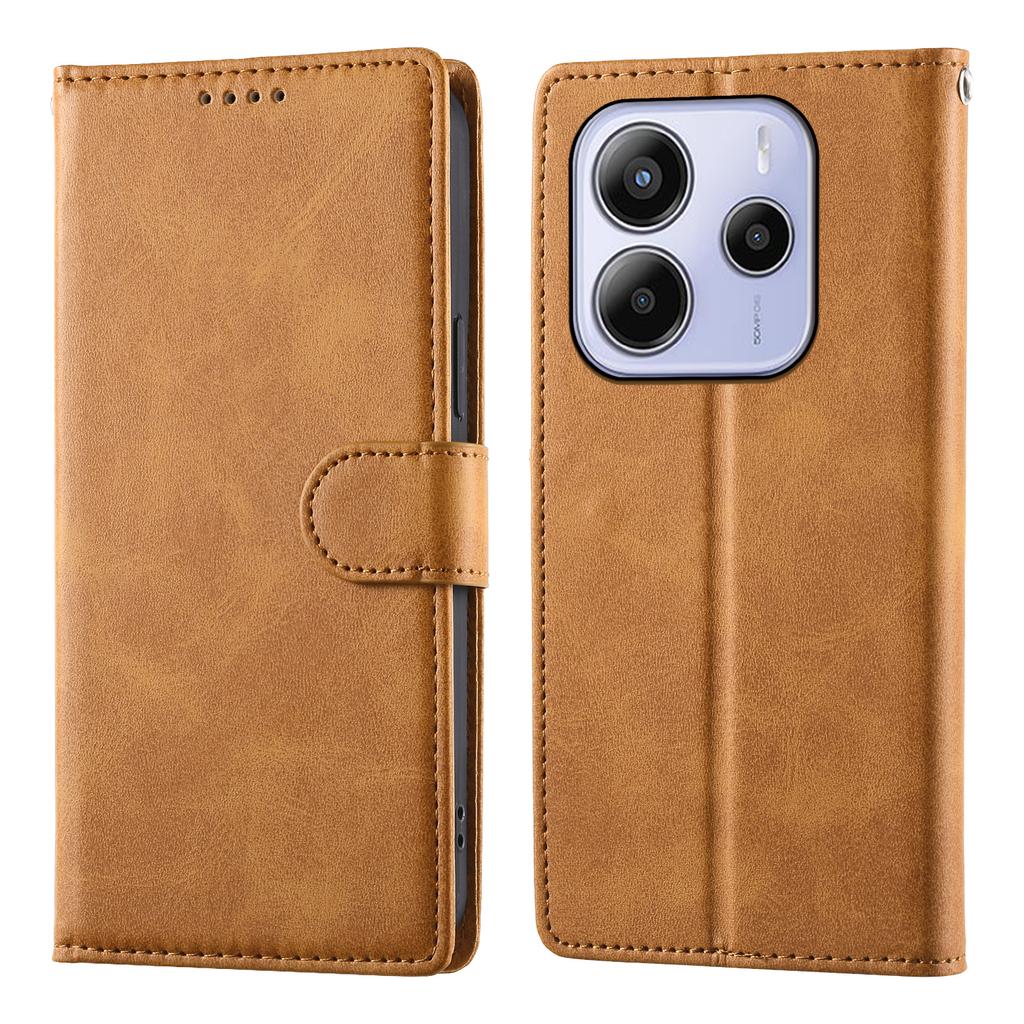 For Xiaomi Redmi Note 14 4G (164.84mm) Case Stand Wallet Calf Texture PU Leather Flip Phone Cover with Wrist Strap