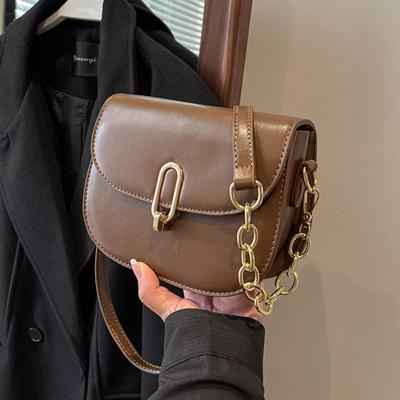 Vintage Schulter Umhängetaschen für Frauen Winter PU Leder Kleine Damen Satteltasche Mode Handtasche Kette Schwarz Braun