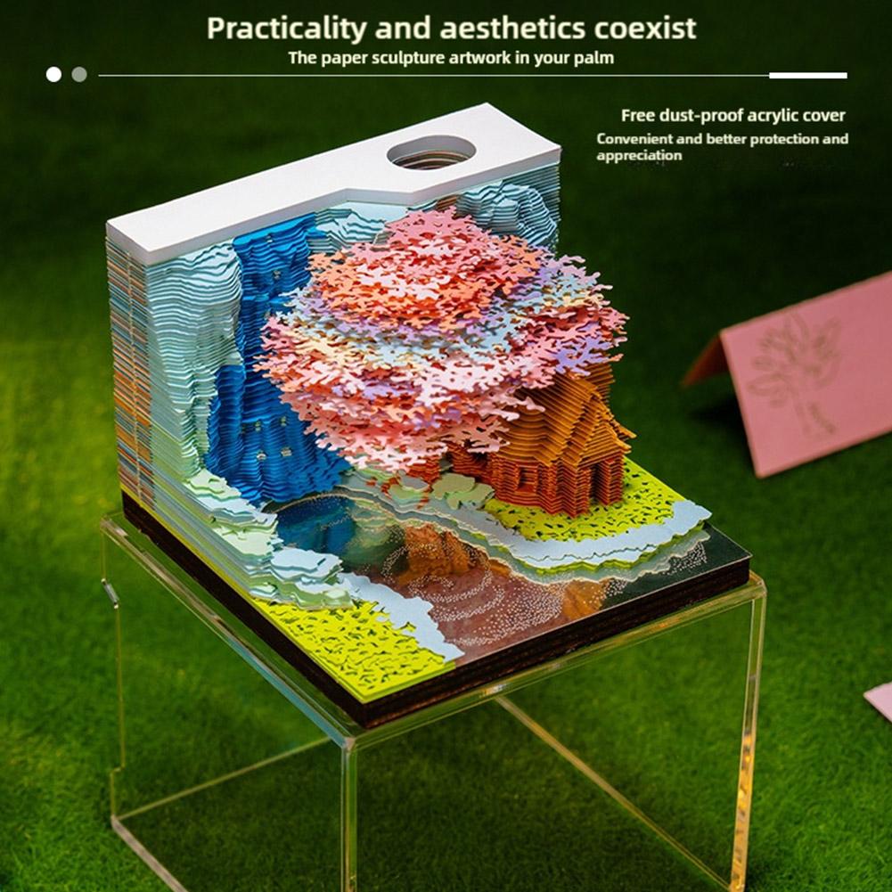 3D Desk Note Pad Creative Tree House Memo Pad LED Light Tear-Away 3D Art Note Pads Paper Carving Home Decoration Birthday Gifts