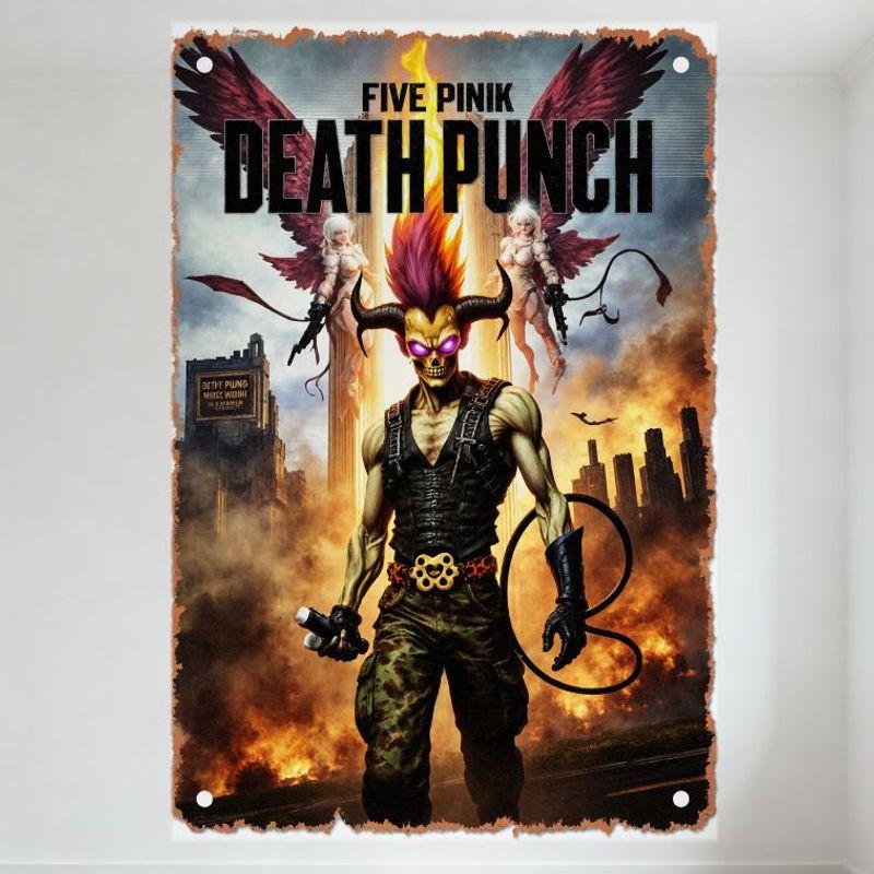 

Five Pink Death Punch Vintage Metal Tin Sign, Demonic Figure & Angelic Women Apocalyptic Art, Wall Decor for Bar Man Cave Cafe H 20x30cm（7.8x11.8inch）