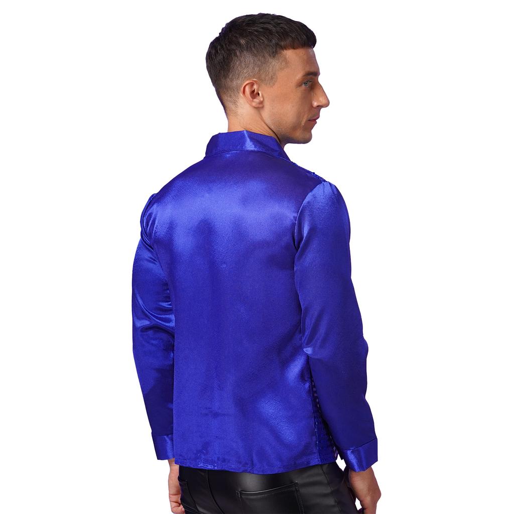 Mens Shiny Sequin Dance Shirt Latin Jazz Performance Wear Turn Down Collar Long Sleeve Patchwork Top