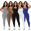 M3132 Sleeveless Backless Waist-Gathering Solid Color Yoga Jumpsuit