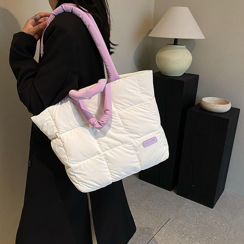 Damen Herbst Winter Weiche Handtasche Karierte gesteppte Umhängetasche Fashi Puffy Tragetasche einfarbig Große Kapazität Henkeltasche
