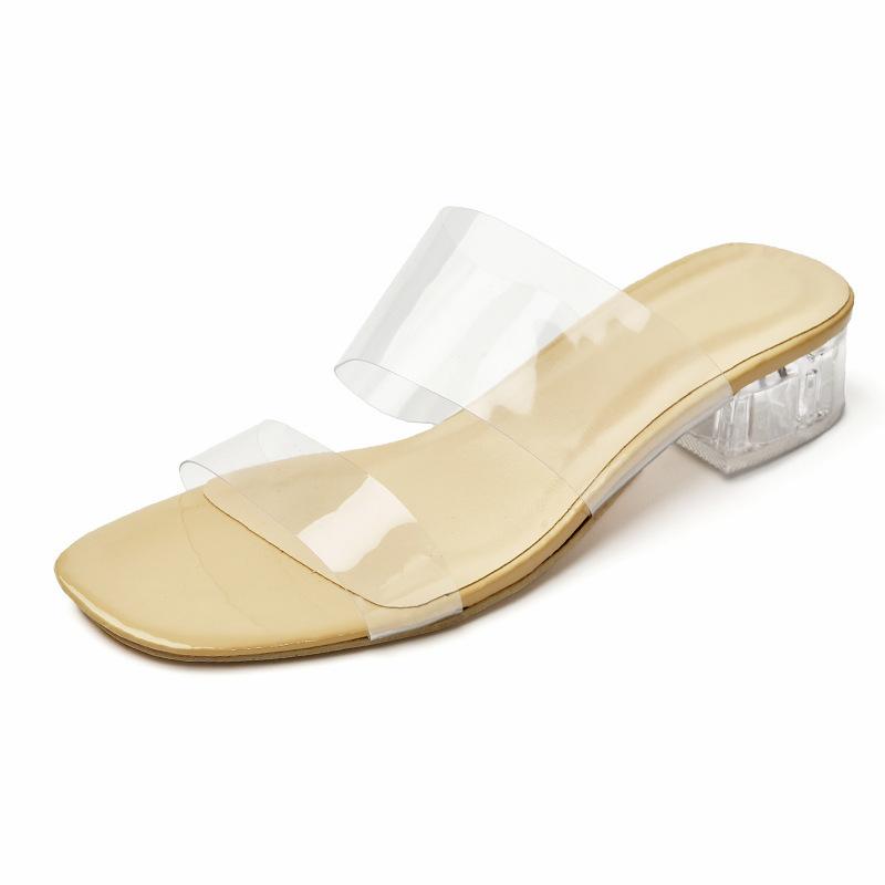 Cool Slippers Women's Thick Heel Summer High Heel Transparent One-word Slippers Crystal and Half Drag Cool Slippers