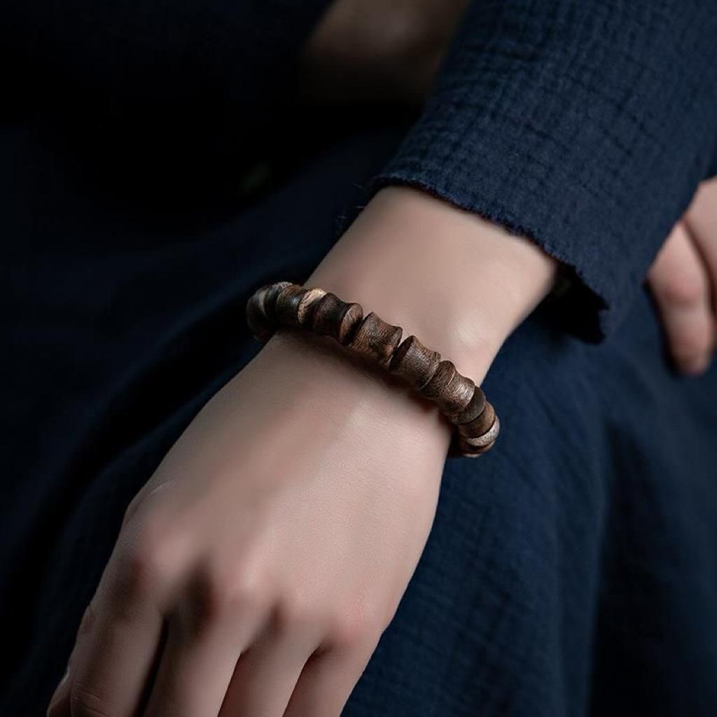 Natural Agarwood Bamboo-section Submersible-grade Bracelet, Hui'an Yellow Soil Qi Nan Agarwood, "rise Steadily" Cultural Artifact, Old Material