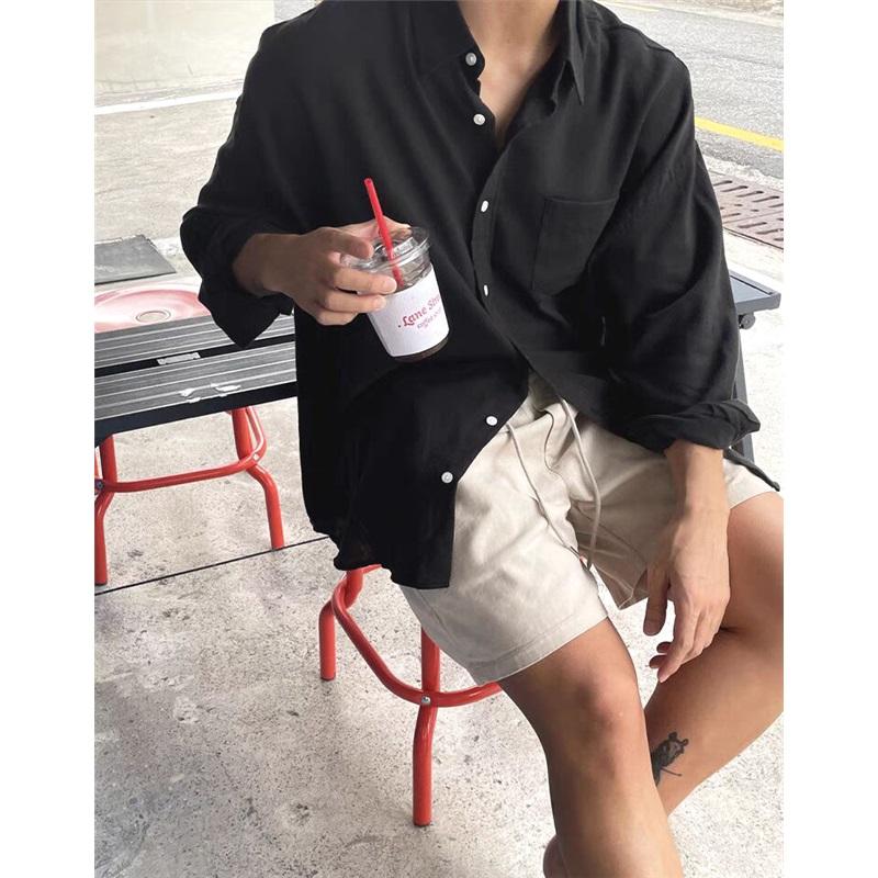 Men s Cotton And Linen Shirt American Retro Loose Long-sleeved Sun Protection Cardigan Breathable Linen Work Shirt L чёрный
