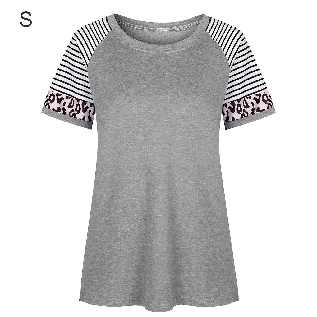 Chemise à col rond et manches courtes imprimé rayures léopard pour femme