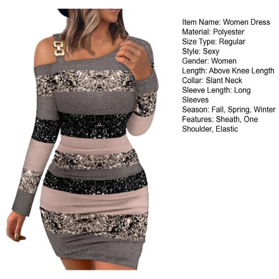 Fall Spring Women Dress One Shoulder Long Sleeve Elastic Chain Decor Sheath Tight