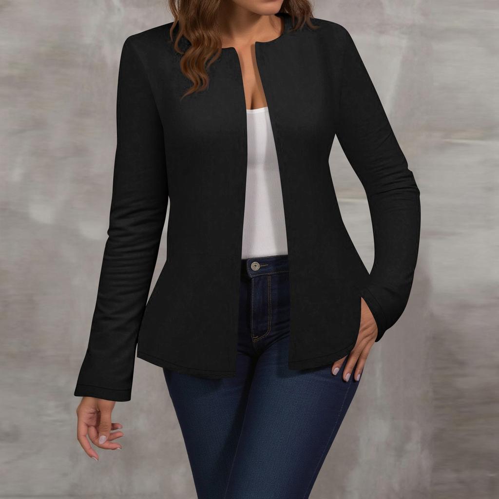 Women's Fashionable Solid Color Round Neck Long Sleeved Button Cardigan Jacket