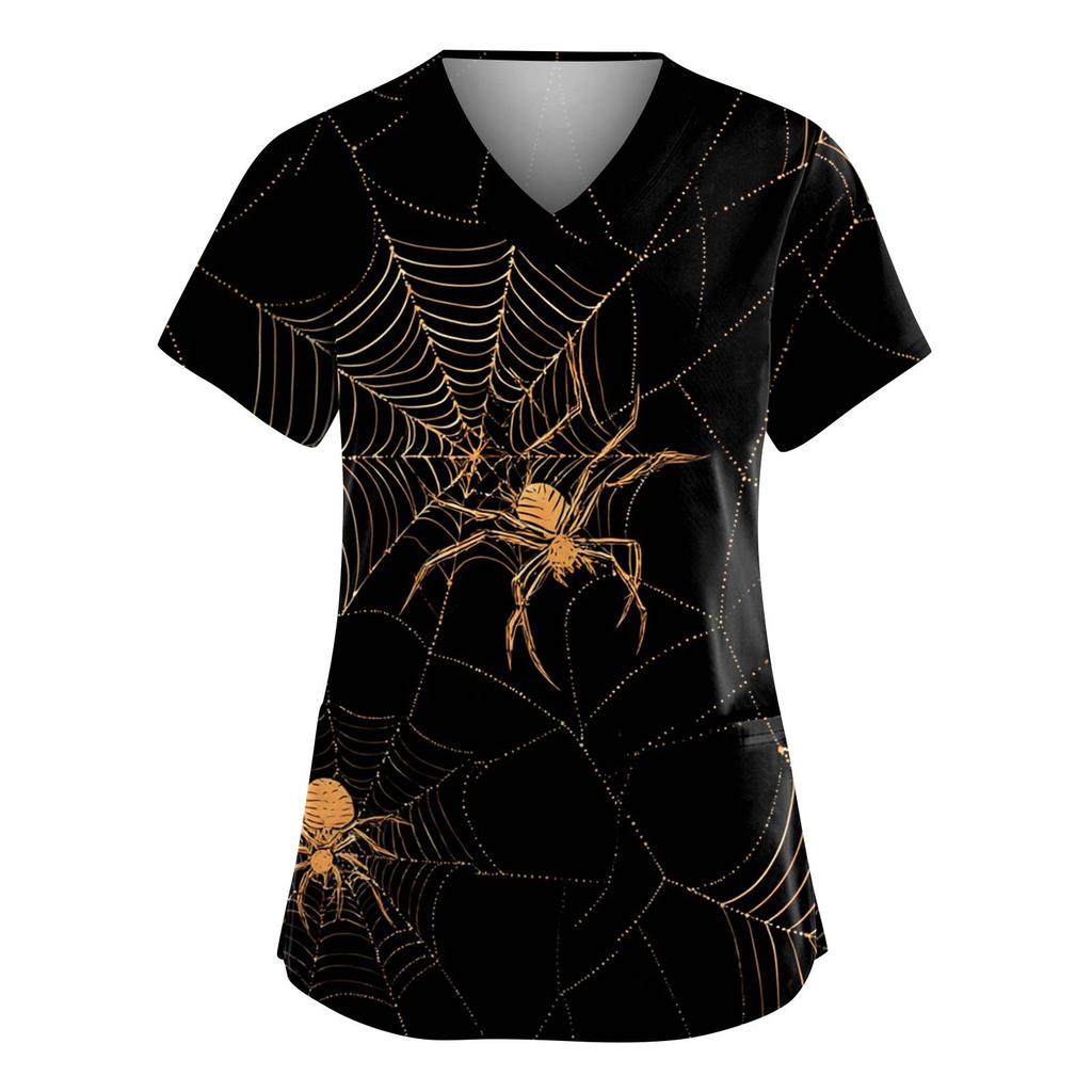 Women's Fashion V-Neck Short Sleeve Overalls With Pockets Halloween Printed Tops  Apparel