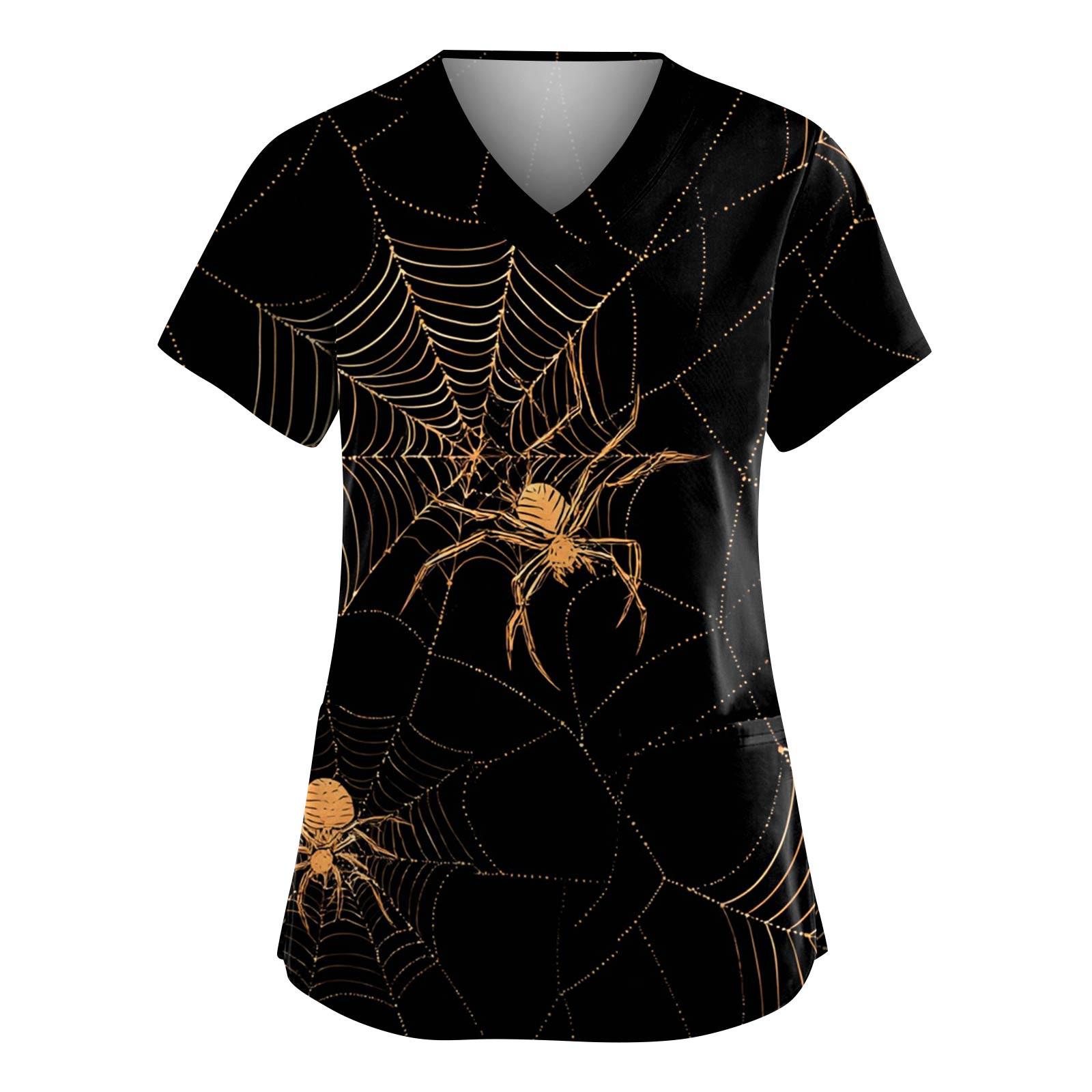 

Women s Fashion V-Neck Short Sleeve Overalls With Pockets Halloween Printed Tops Apparel M помаранчевий