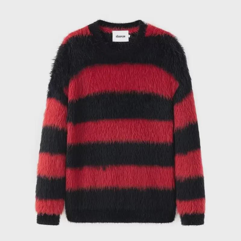 Red and Black Striped Seahorse Wool Men's Knitted Sweater - Winter Mink-Like Couple's Jacket