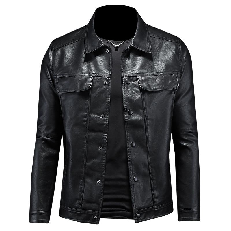 Herbst und Winter Herrenmode Gutaussehend mit einfarbigem Boutique-Revers Motorrad-Lederjacke Schlank Mode M-5XL