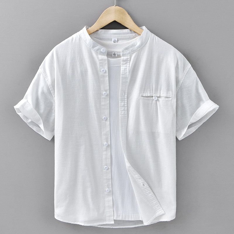 Summer Chinese Style Retro Stand Collar Linen Shirts Men's Loose Casual New Chinese Cotton Linen Short sleeve Shirt Thin