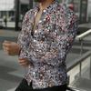 Camisa de Hombre con Cuello Estampado Floral Azul Blanco Diminuto por Todas Partes Manga Larga Botones