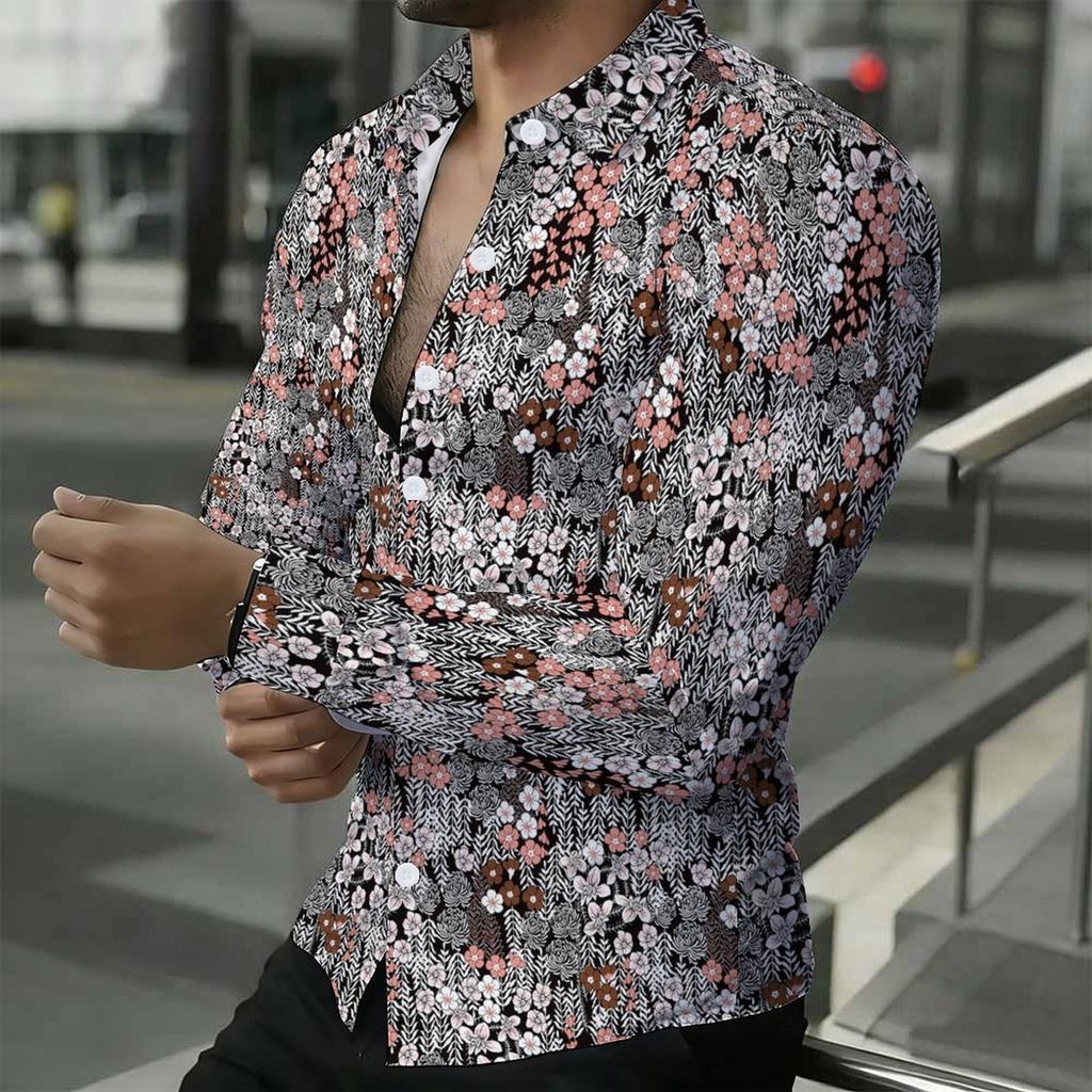 Camisa de Hombre con Cuello Estampado Floral Azul Blanco Diminuto por Todas Partes Manga Larga Botones