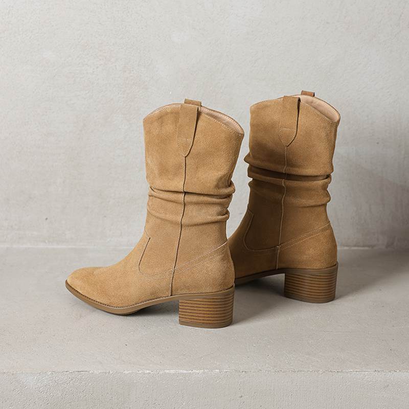 Krazing Pot Cow Suede Nubuck Winter Round Toe Modern Boots Med Heels Slip On Pleated Decoration Women Mid-calf Boots