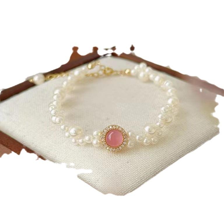 S925 Sterling Silver Bracelet with Pink Chalcedony, Aquamarine, and Pearls - Elegant Women's Beaded Jewelry