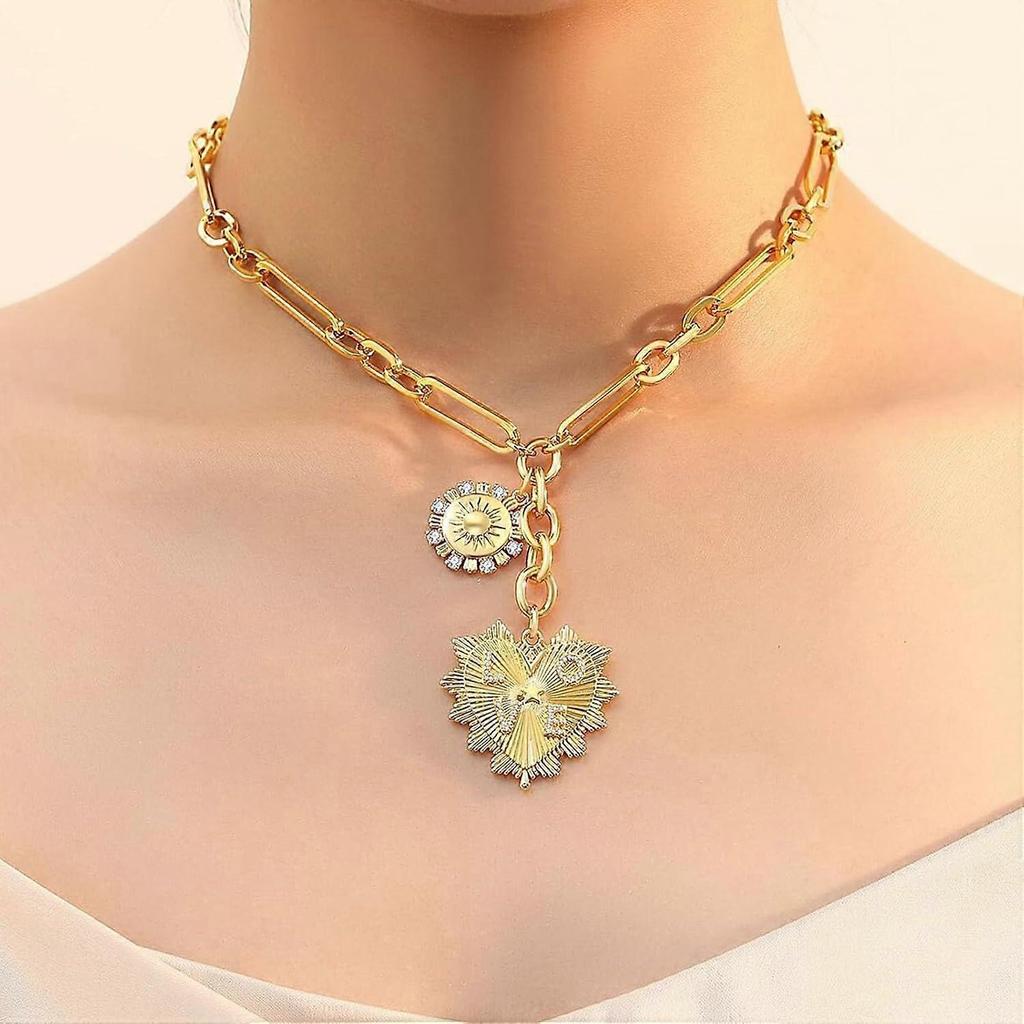 4555cm Chunky Gold Necklace for Women, Heart Pendants Necklace Sun Flower Necklace Fashion Hip Hop Choker Gift