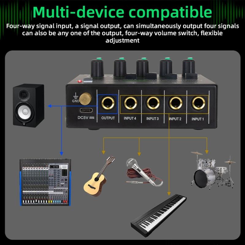 Low Noise 4 Channel Line Mixer for Mixing 4 Stereo Channel LED Mixer Adapter for Microphones Guitars Keyboards